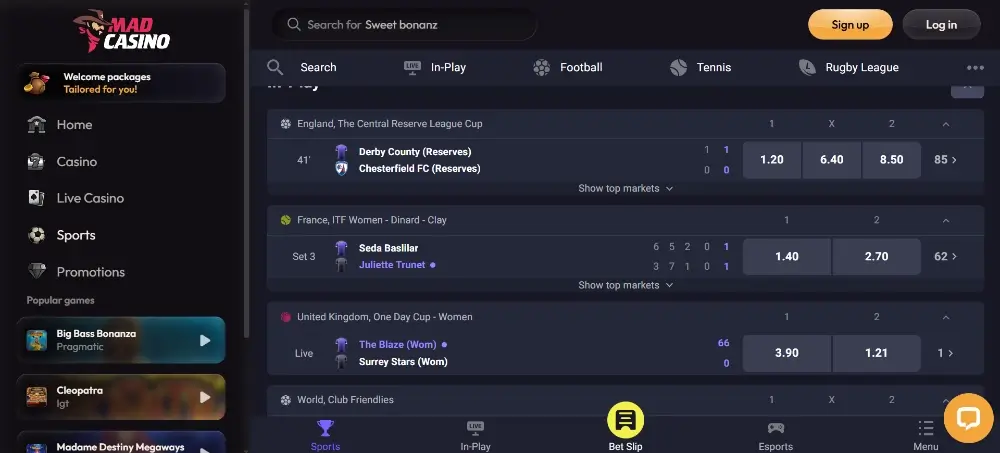 Mad Casino sports homepage